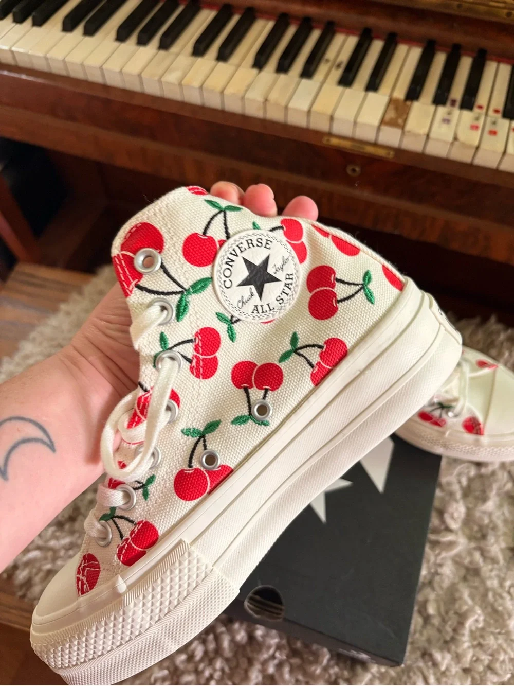 Converse Kids High Top Sneakers in White with Red Cherry Print